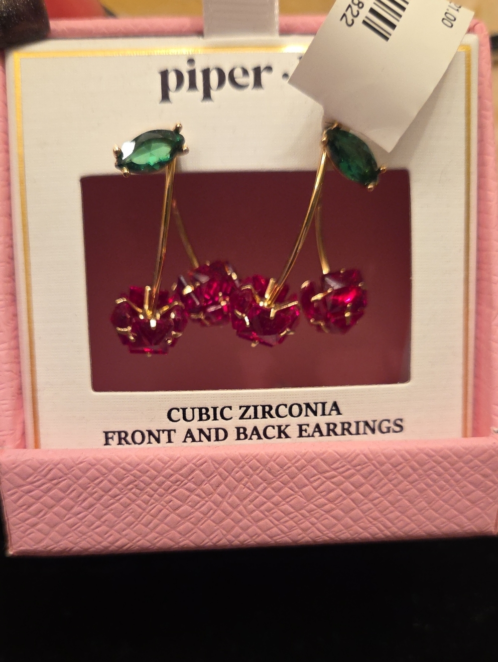 Piper K Gold-Tone Cherry Drop Earrings with Pink and Green Stones